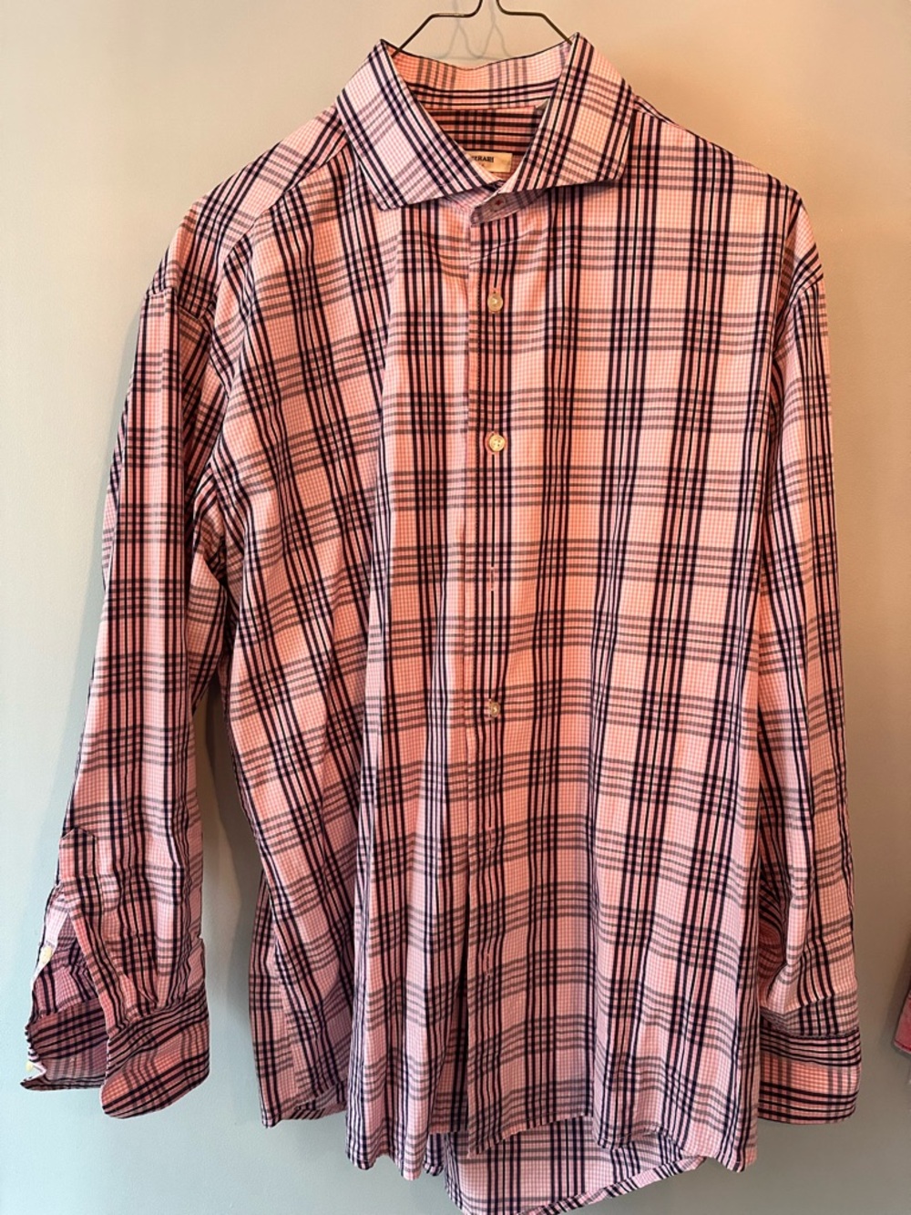 Isaac Mizrahi Pink and Black Plaid Dress Shirt